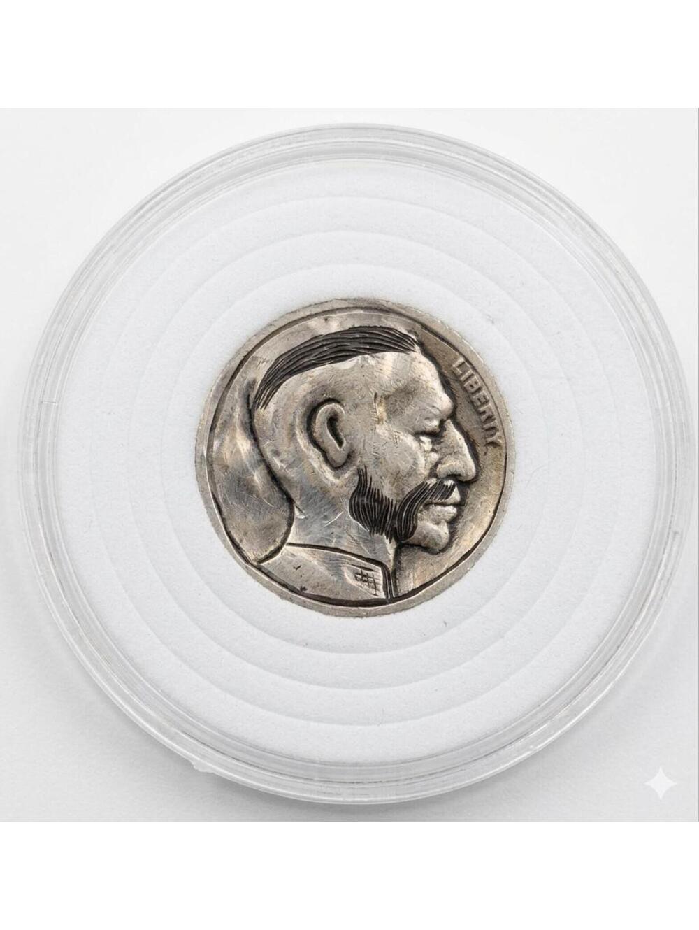 HOBO NICKEL Hand-Carved on a Buffalo Nickel by Artist CM • Mohawk Mustache Man
